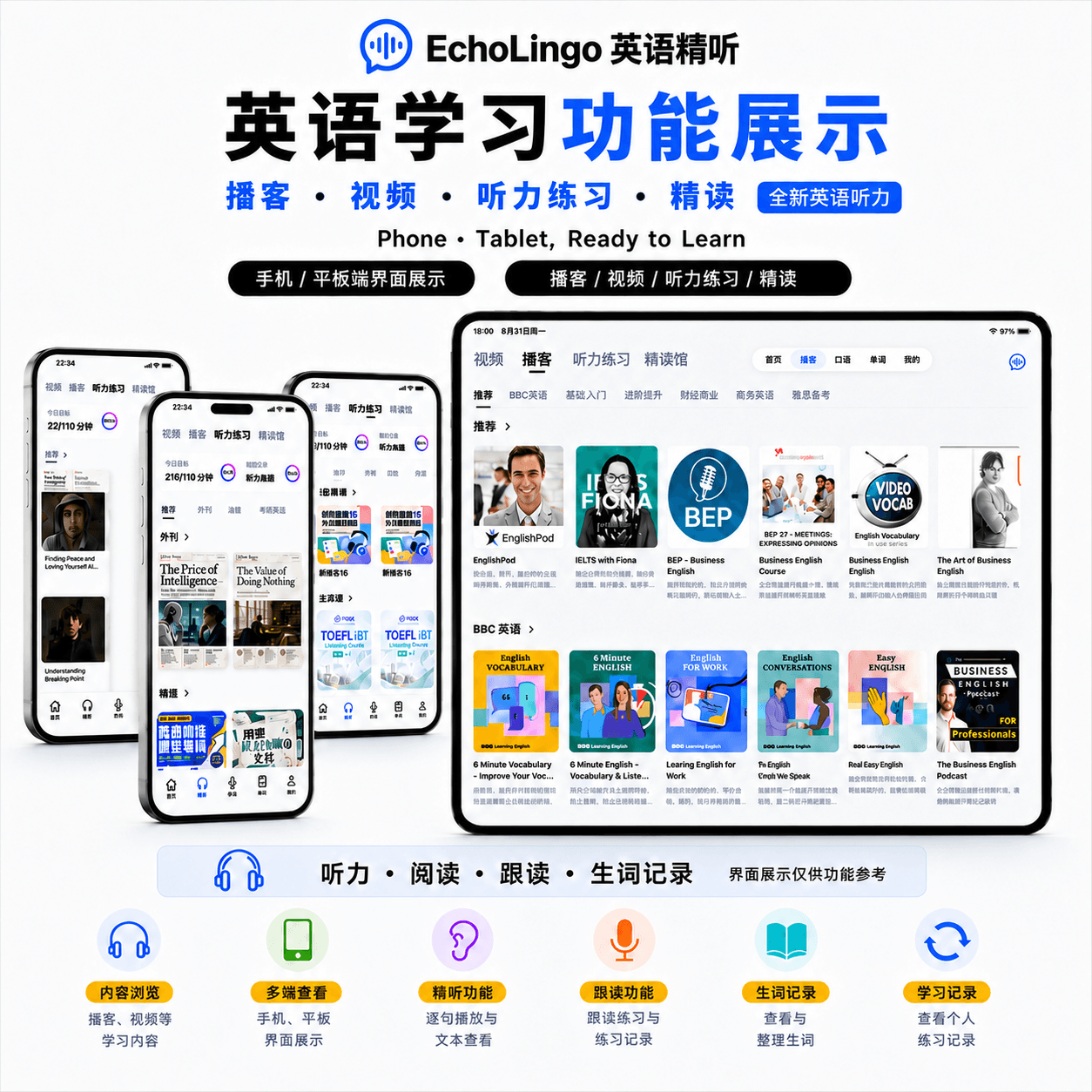 EchoLingo 手机和平板综合学习功能展示